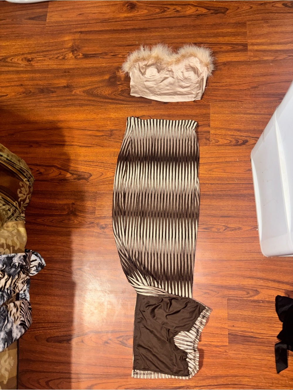 Striped Neutral Maxi Skirt Set with Feather-Trim Bandeau